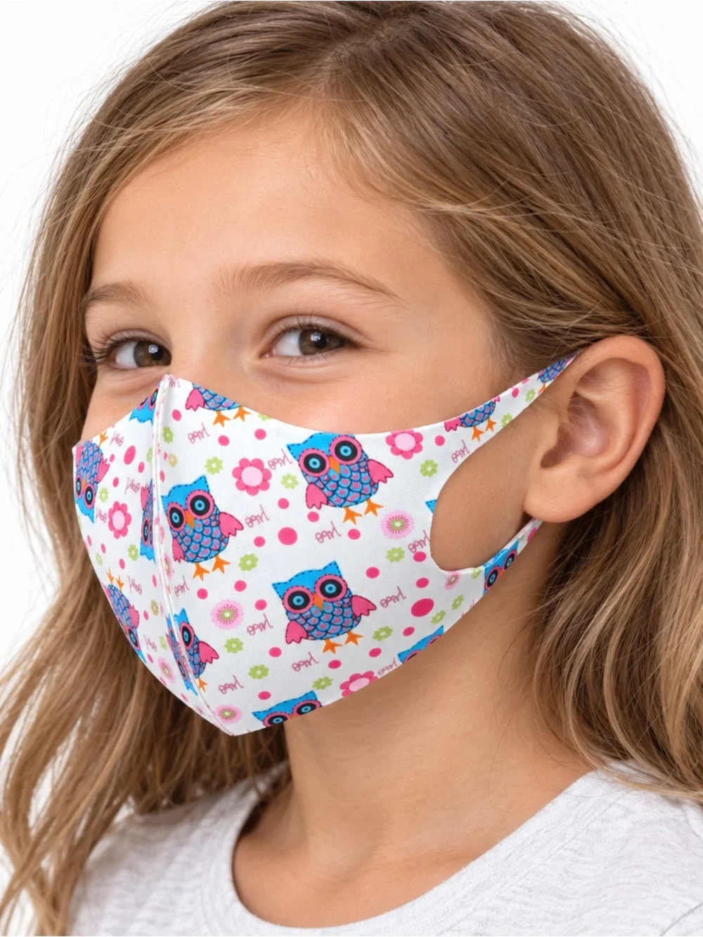 Kids White Owl Print Face Mask - Pink & Blue
